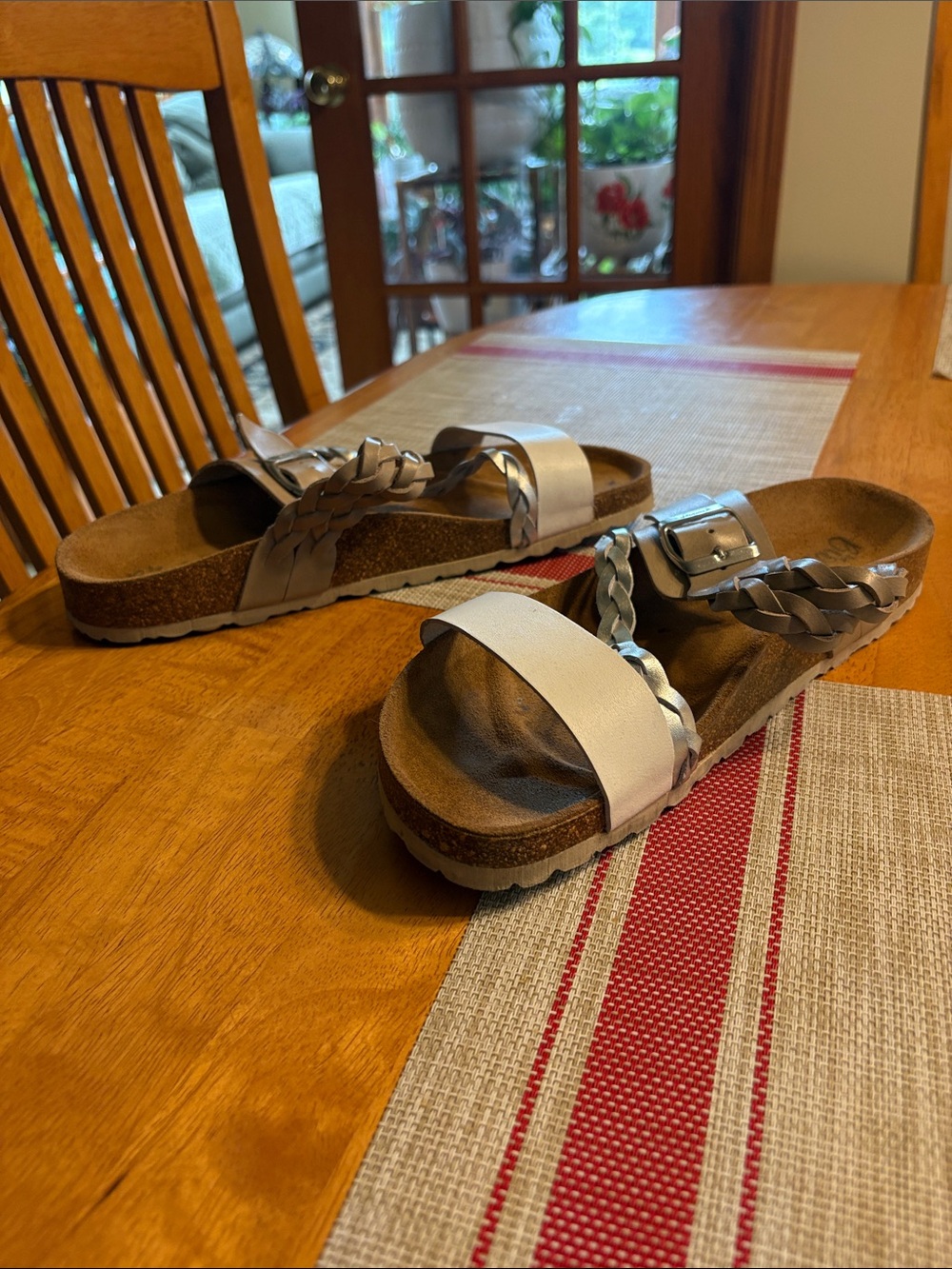 Braided Strap Cork Slide Sandals - Metallic Silver